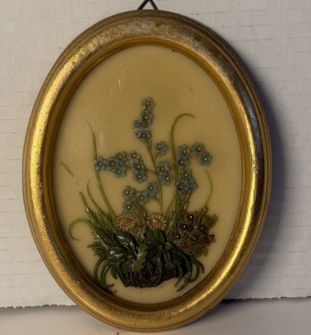 Vintage German Forget Me Not Floral Wall Plaque Oval Gold Frame 3D Relief Art